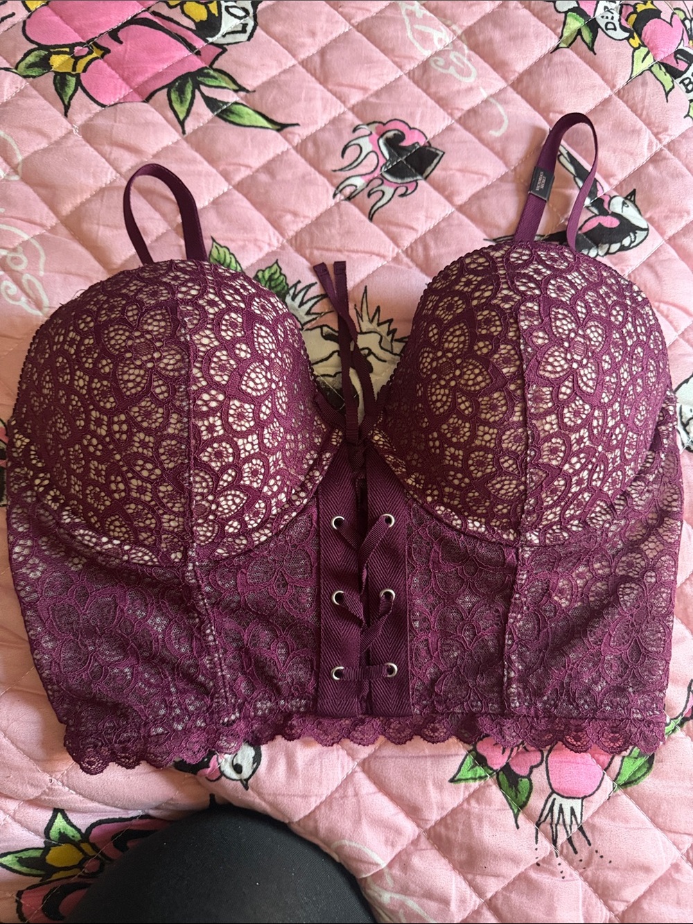 Longline Lace Bralette in Deep Burgundy — Lace-Up Front